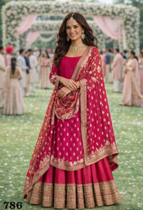 Gajari Pink Embroidered Silk Gown with Dupatta